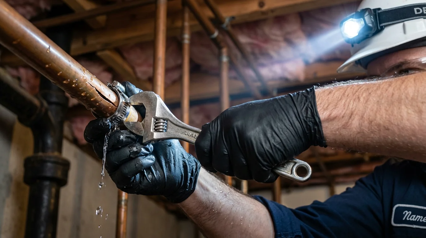 Emergency pipe clamp repair being performed by a Johns Plumbing LLC plumber in Byrdstown