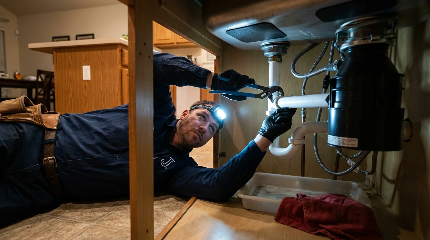 P-trap and supply line connections under a kitchen sink showing a common leak point in Byrdstown, TN